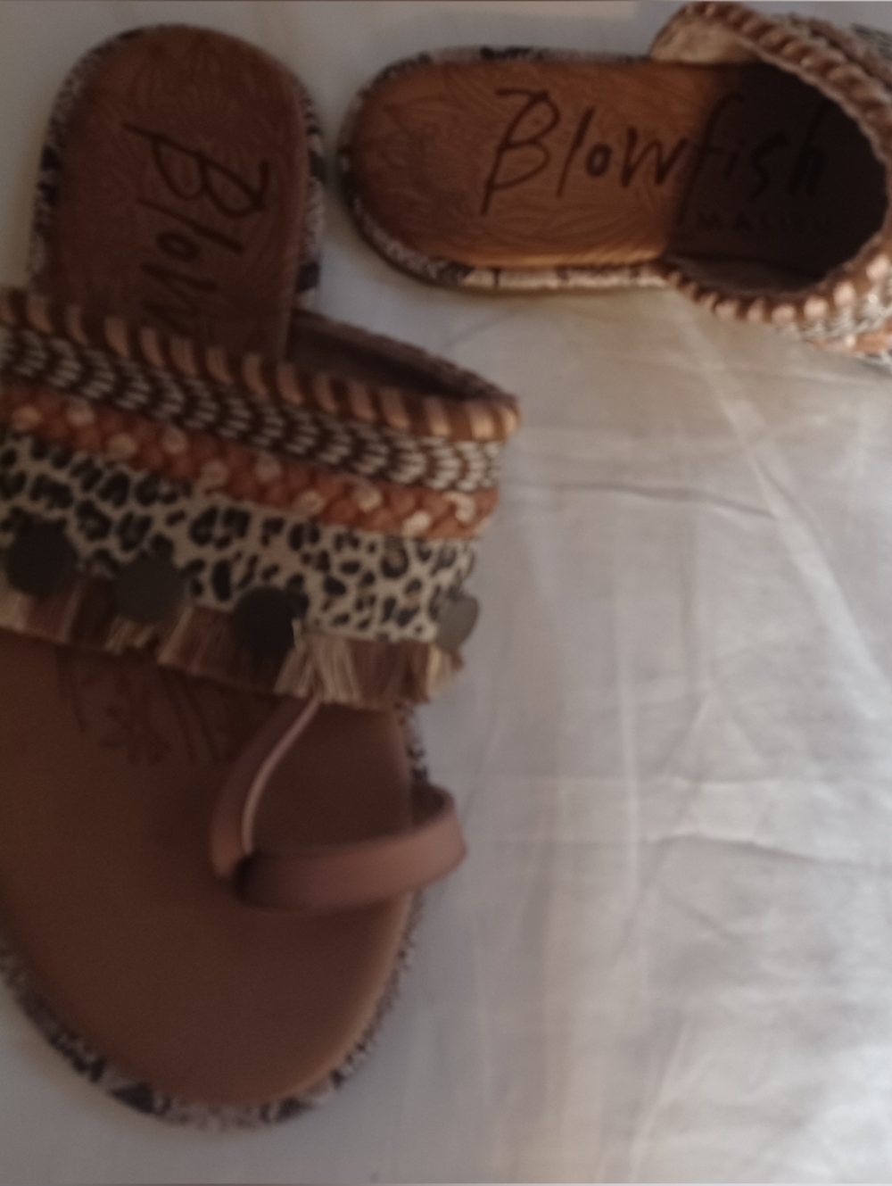 Blowfish Malibu 8.5 8 1/2 brown tan fringe slides sandals thongs shoes